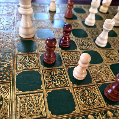 Spanish Tiles Chess Board - Green & Gold - A3 Large Size
