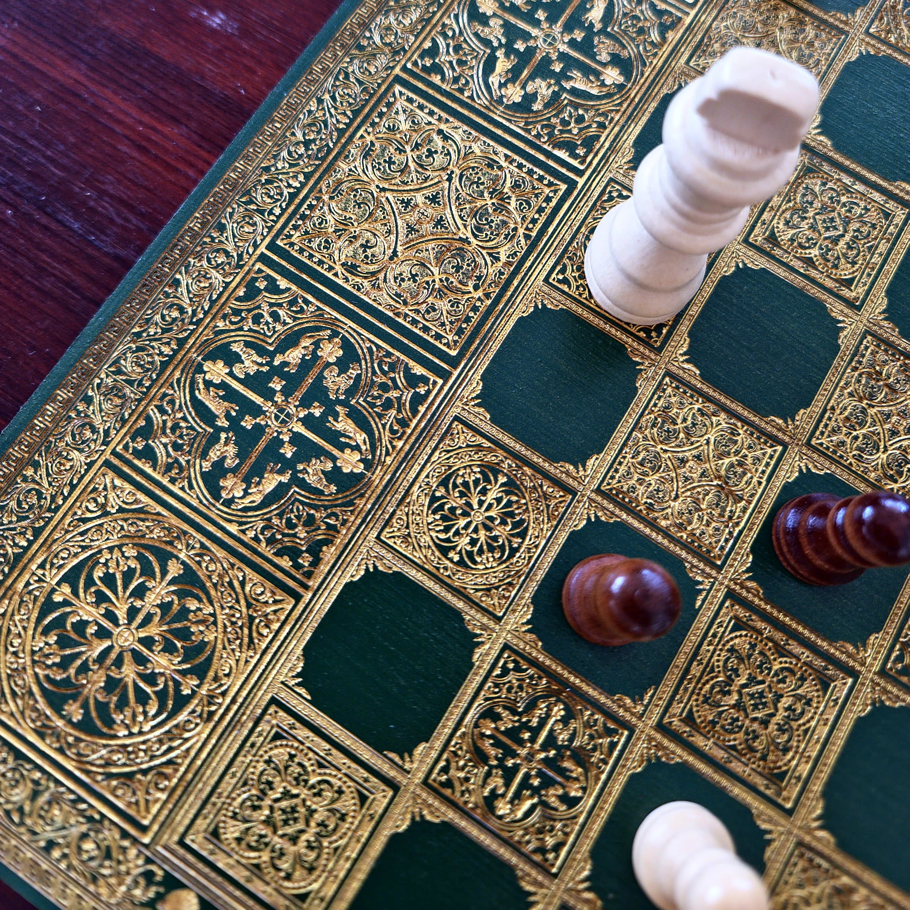 Spanish Tiles Chess Board - Green & Gold - A3 Large Size