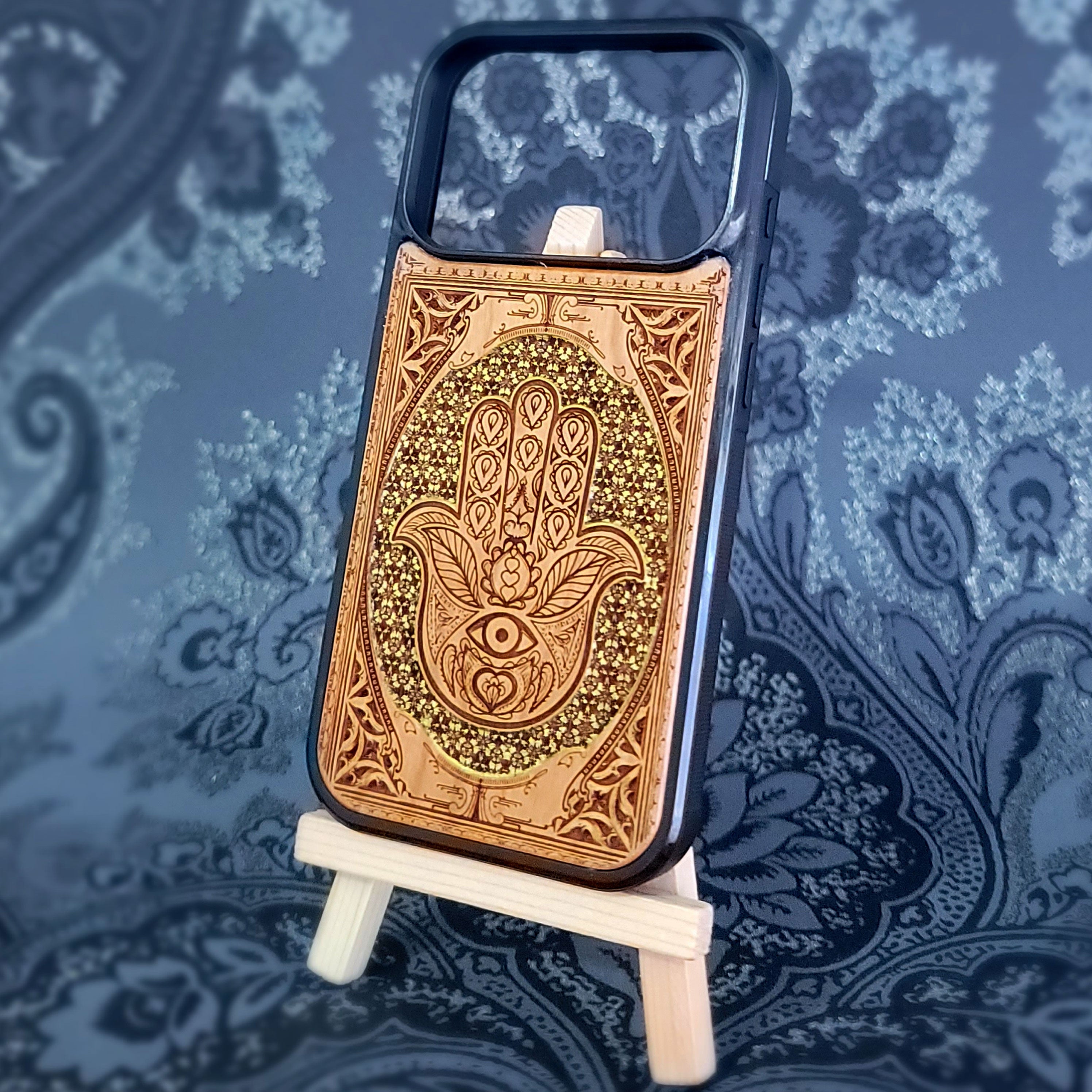 Hand-painted Hamsa Hand symbol wood phone case with Gothic pattern for iPhone & Samsung Galaxy. 