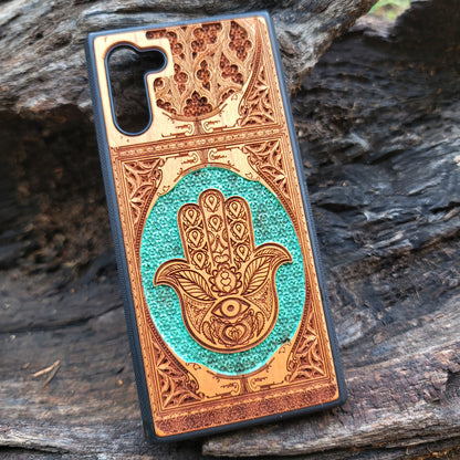 iPhone & Samsung Galaxy Wood Phone Case - Hamsa Hand Green Gothic Pattern Hand Painted