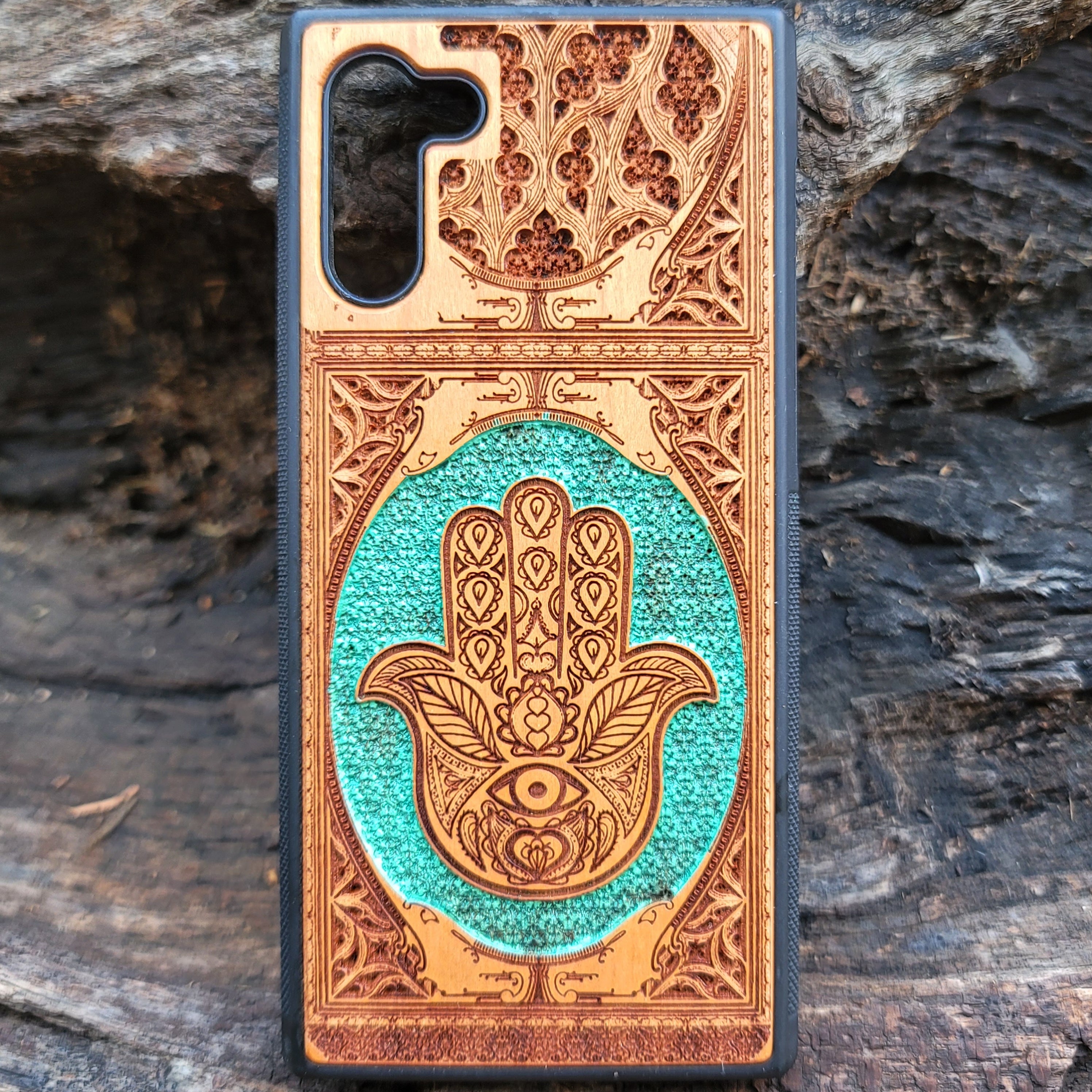 iPhone & Samsung Galaxy Wood Phone Case - Hamsa Hand Green Gothic Pattern Hand Painted