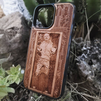 Deep engraved wood phone case with Han Solo from Star Wars, fits iPhone  and Galaxy S