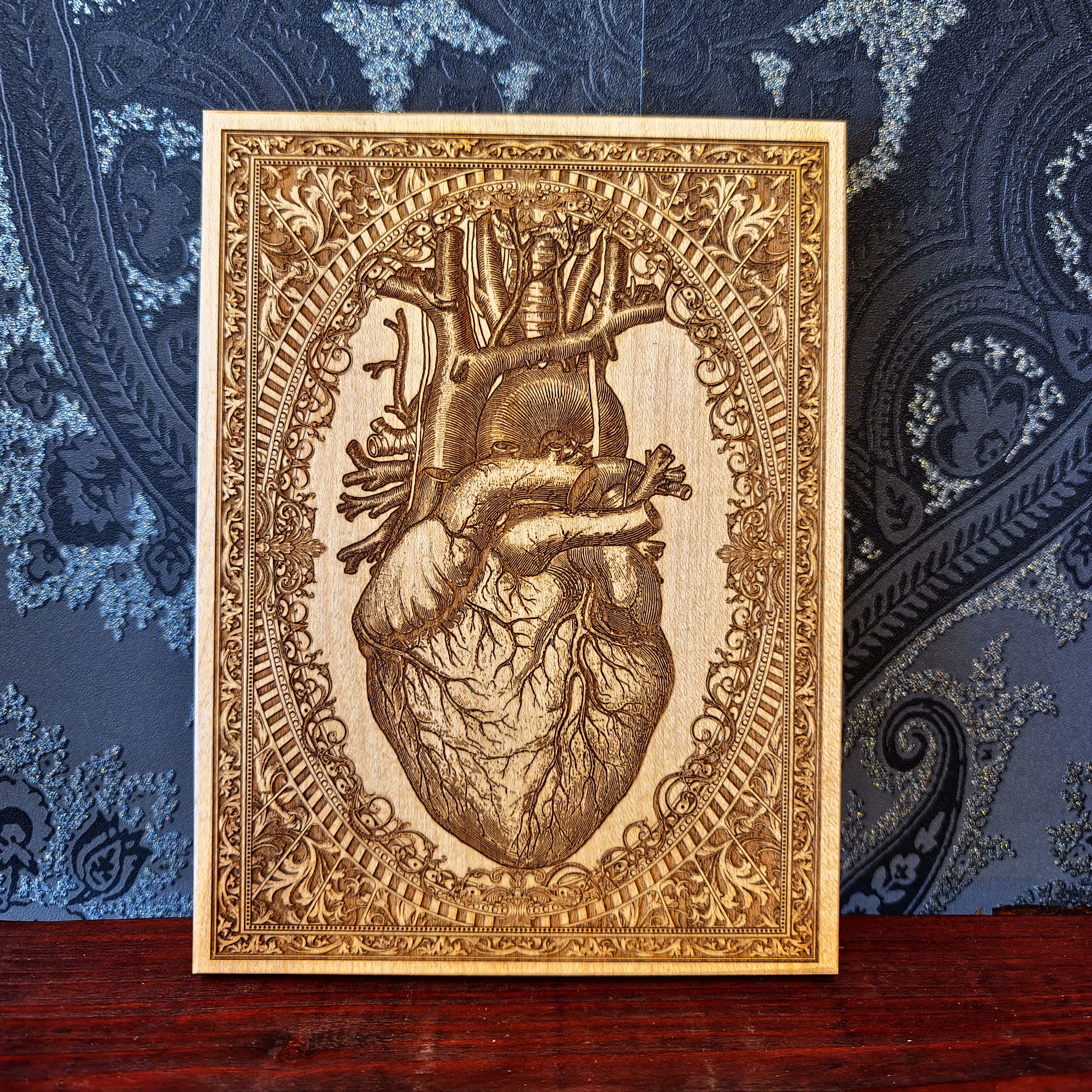Decorative anatomical heart design on a patterned background