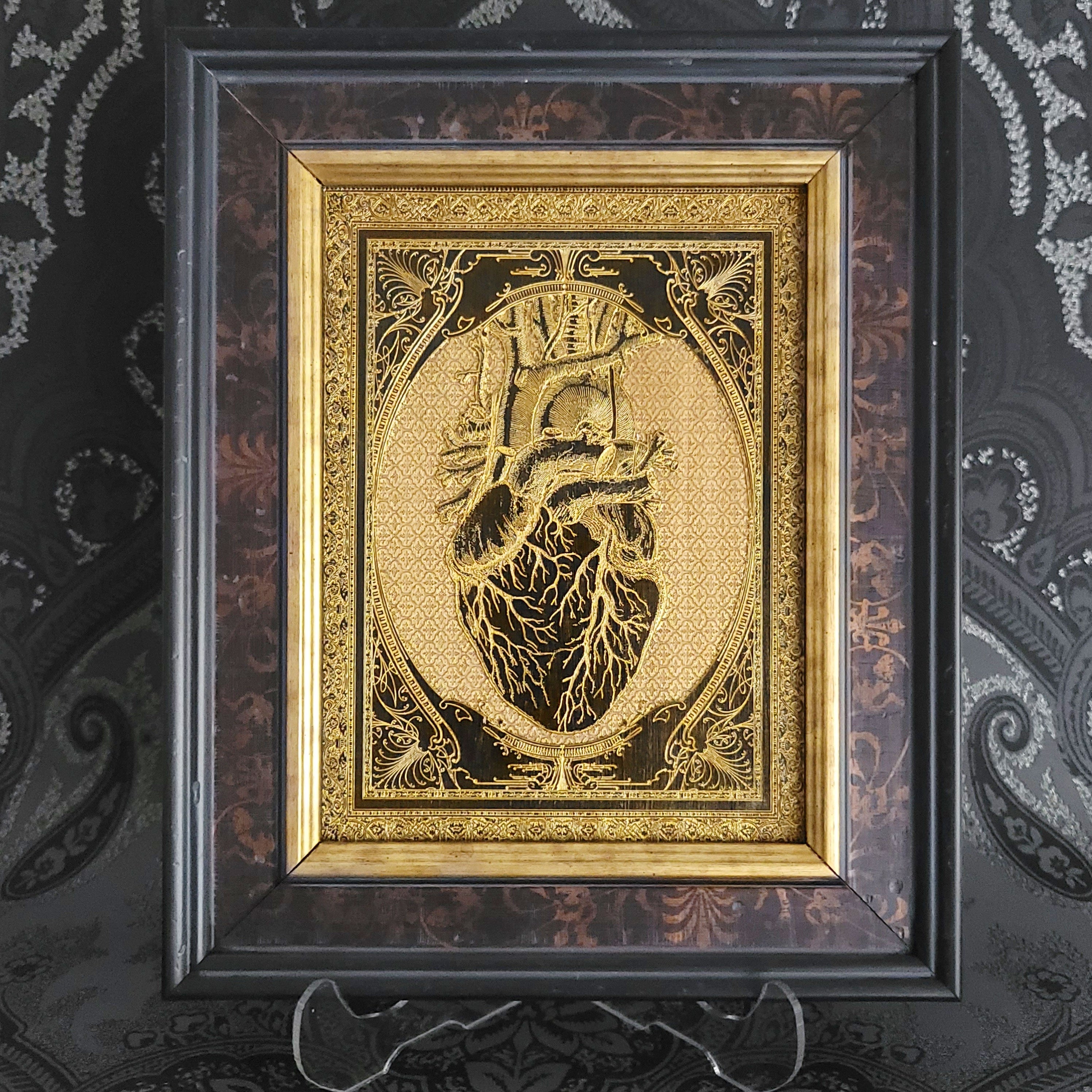 Personalized anatomical heart wall art, black-painted and laser-engraved on maple wood, perfect for anniversaries or medical gifts