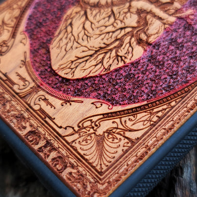 Anatomical heart gothic artwork engraved on a wooden phone case, compatible with iPhone  and Samsung Galaxy 