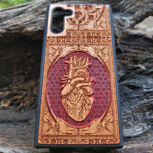 iPhone & Samsung Galaxy Wood Phone Case -  Red Background Human Heart Gothic Pattern