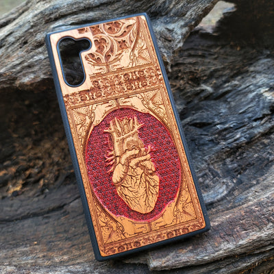 Anatomical heart gothic artwork engraved on a wooden phone case, compatible with iPhone  and Samsung Galaxy 
