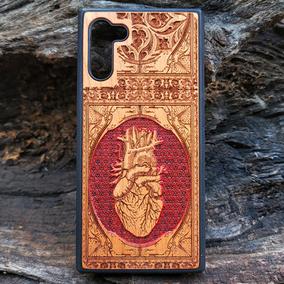 Anatomical heart gothic artwork engraved on a wooden phone case, compatible with iPhone  and Samsung Galaxy 