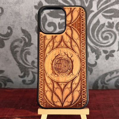 Fantasy Hobbit-style burrow entrance engraved on natural cherrywood phone case