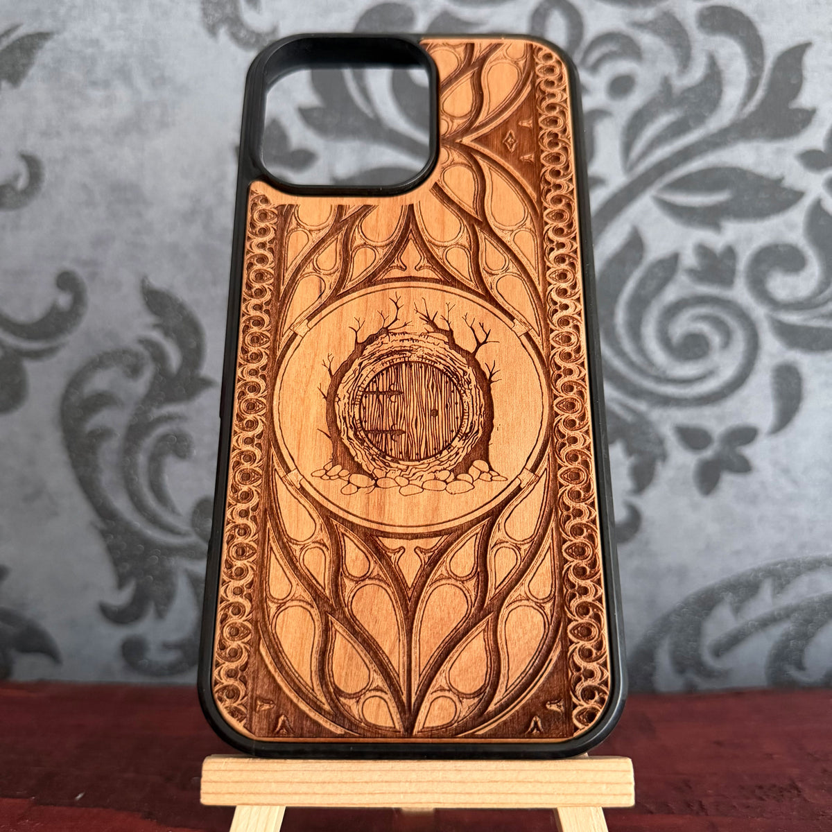 Woodland Hobbit-style home entrance engraved on real wood phone case