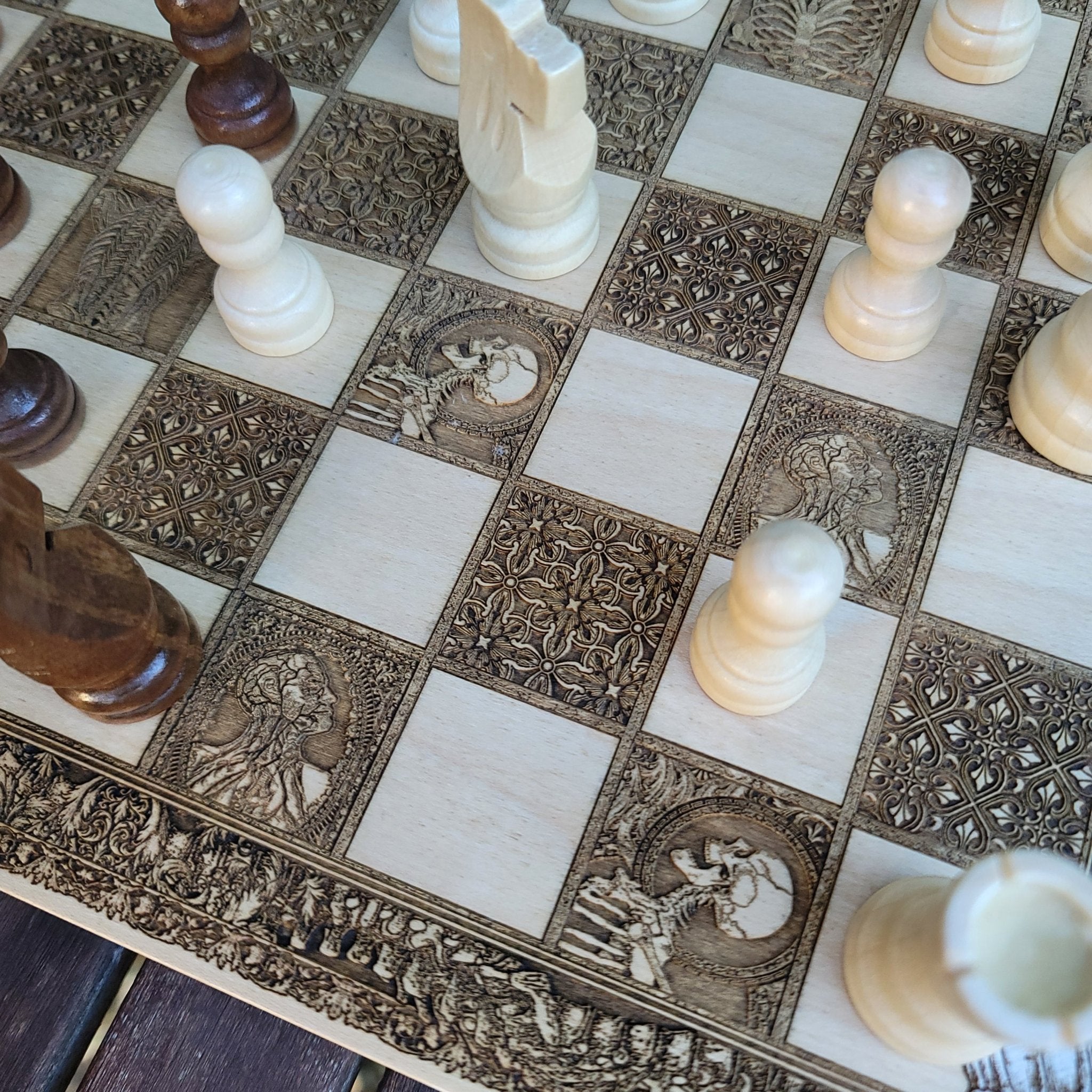Luxury handcrafted chess board featuring intricate human anatomy designs, great for unique anniversary gifts.