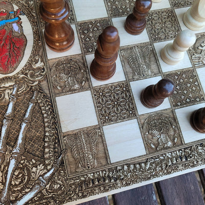 Gothic engraved wood art – gothic art, engraved wood, dark fantasy, skeleton design, artisan crafted