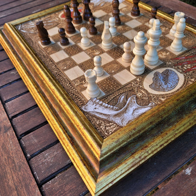 Gothic engraved wood art – gothic art, engraved wood, dark fantasy, skeleton design, artisan crafted