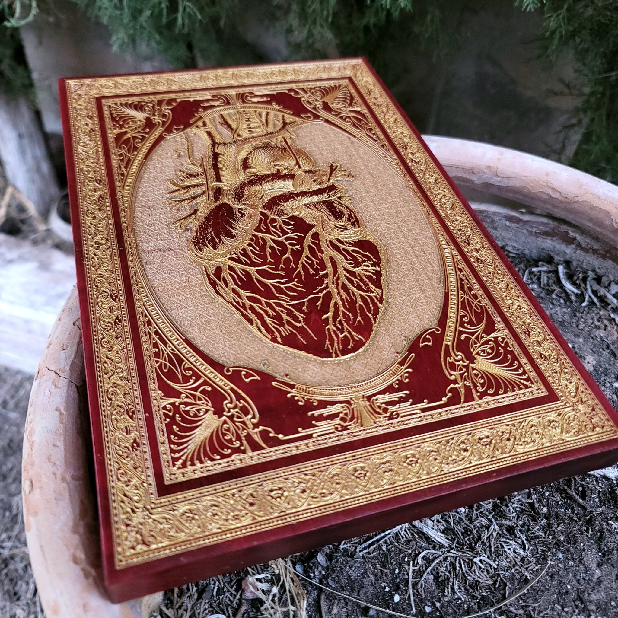 Engraved wood art with red heart, great gift for doctors or anatomy fans.