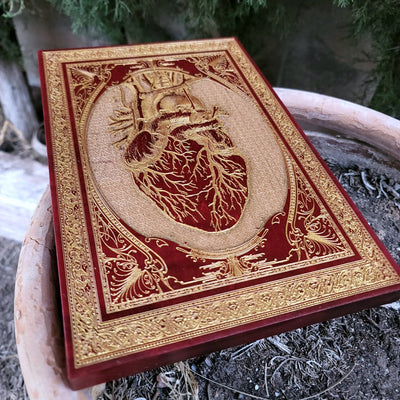 Engraved wood art with red heart, great gift for doctors or anatomy fans.