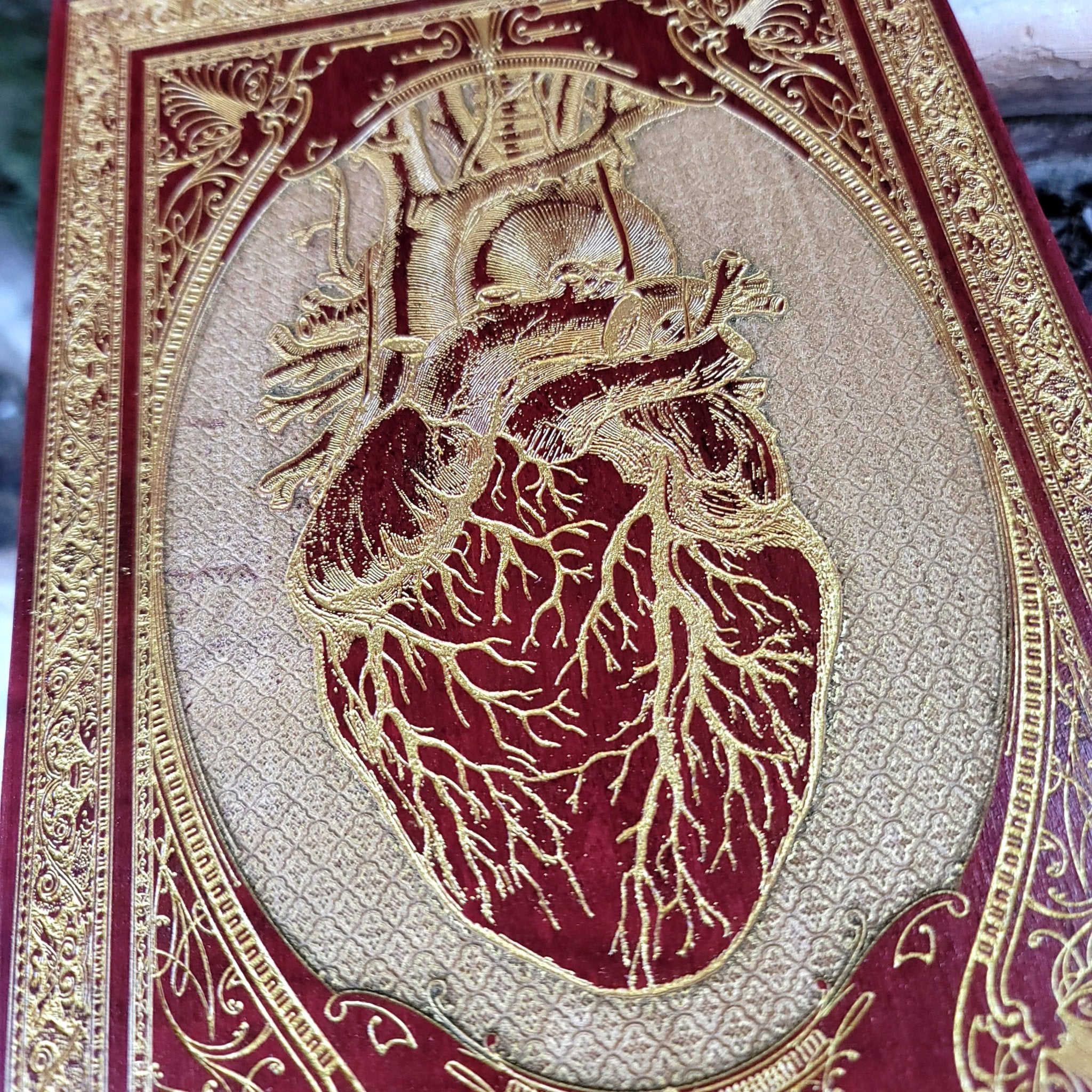 Dark aesthetic wall art with red heart engraving, gothic anatomy decor.