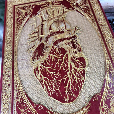 Dark aesthetic wall art with red heart engraving, gothic anatomy decor.