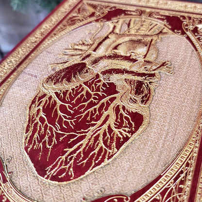 Red heart wood engraving, unique handcrafted horror wall decoration.