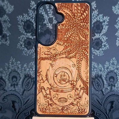 Wooden phone case featuring a detailed deep-sea diver and kraken design, laser-engraved for iPhone , iPhone 15, Samsung Galaxy S, and other models. A must-have for fans of nautical and mythical art.