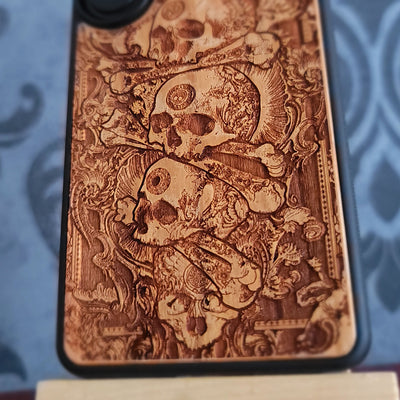 Pile of skulls engraved wooden phone case for iPhone Galaxy and Pixel