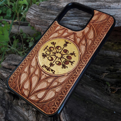 iPhone &amp; Samsung Galaxy Holz Handyhülle -Artwork "Rad der Zeit" Gold bemalt