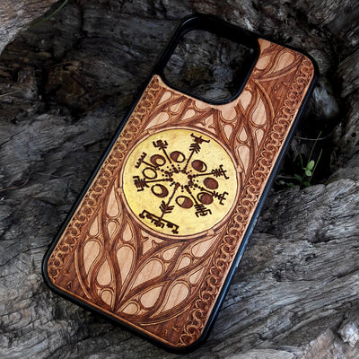 iPhone &amp; Samsung Galaxy Holz Handyhülle -Artwork "Rad der Zeit" Gold bemalt