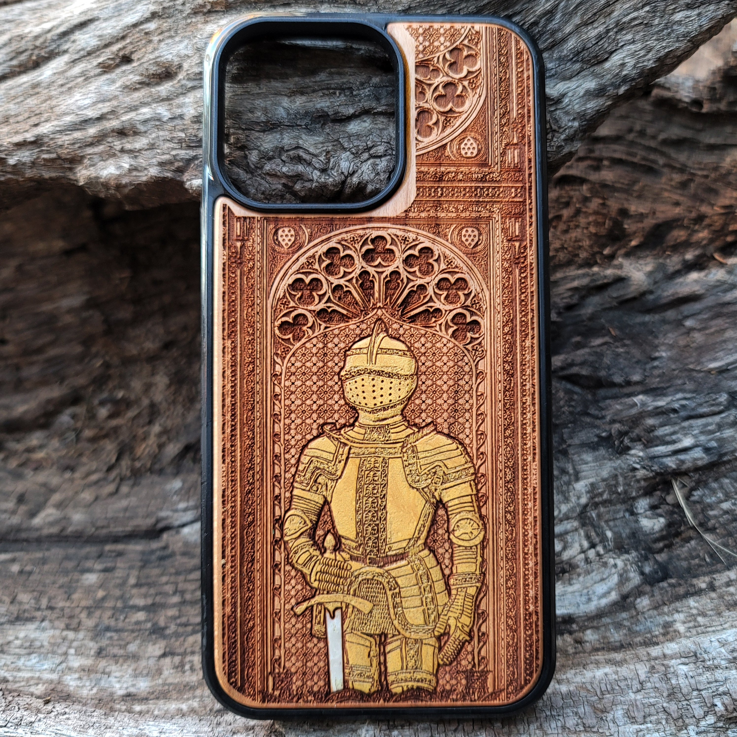 iPhone & Samsung Galaxy Wood Phone Case - Medieval Knight Gold Painted