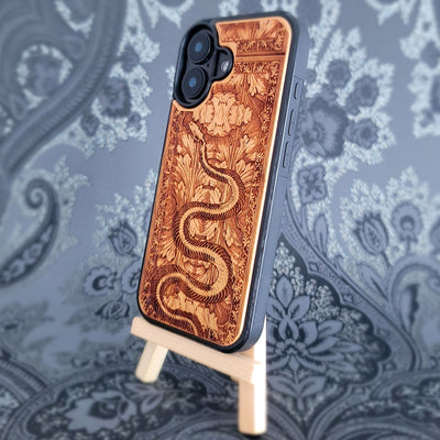 Snake Skeleton Wood Phone Case: Gothic iPhone & Galaxy Laser Engraved