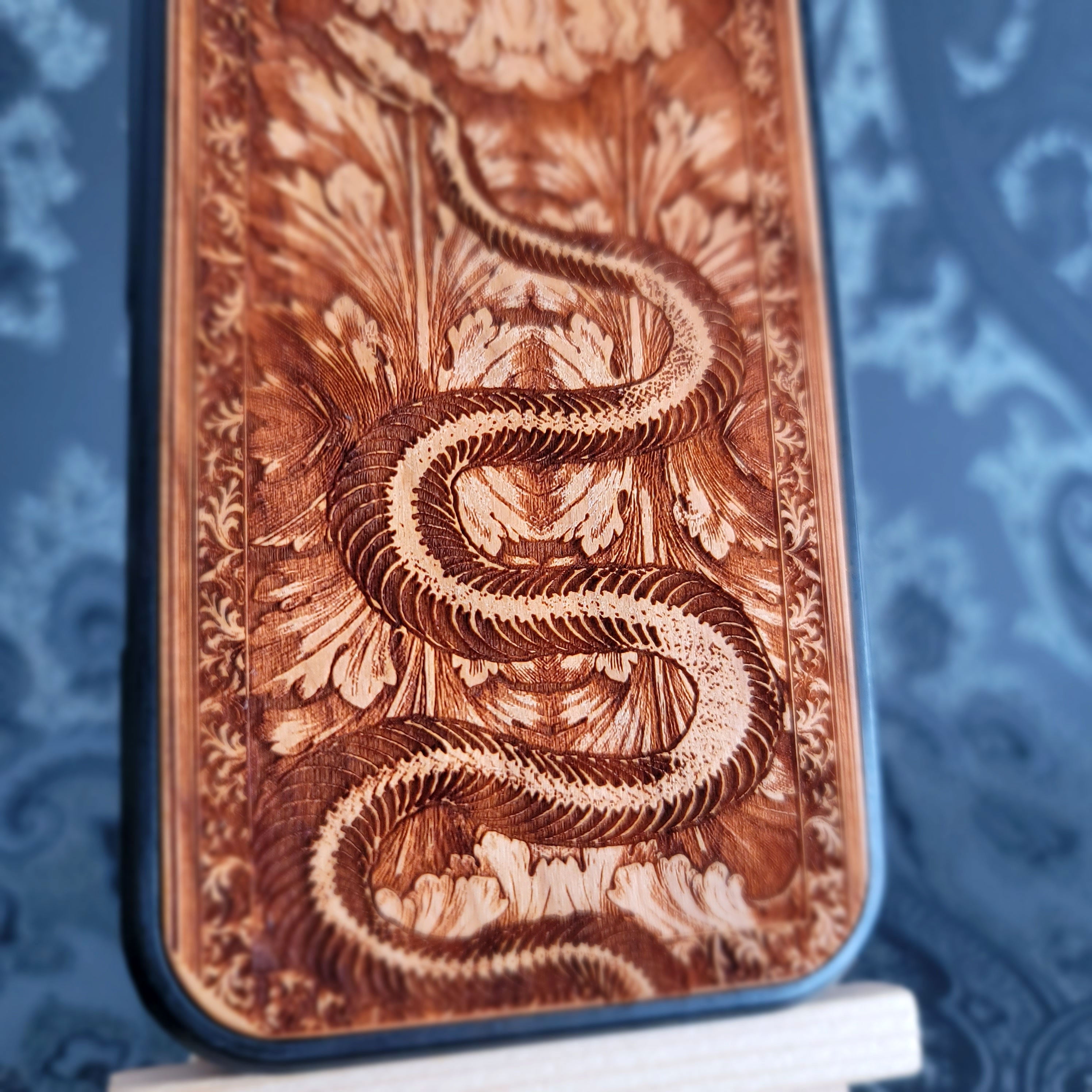 Snake Skeleton Wood Phone Case: Gothic iPhone & Galaxy Laser Engraved