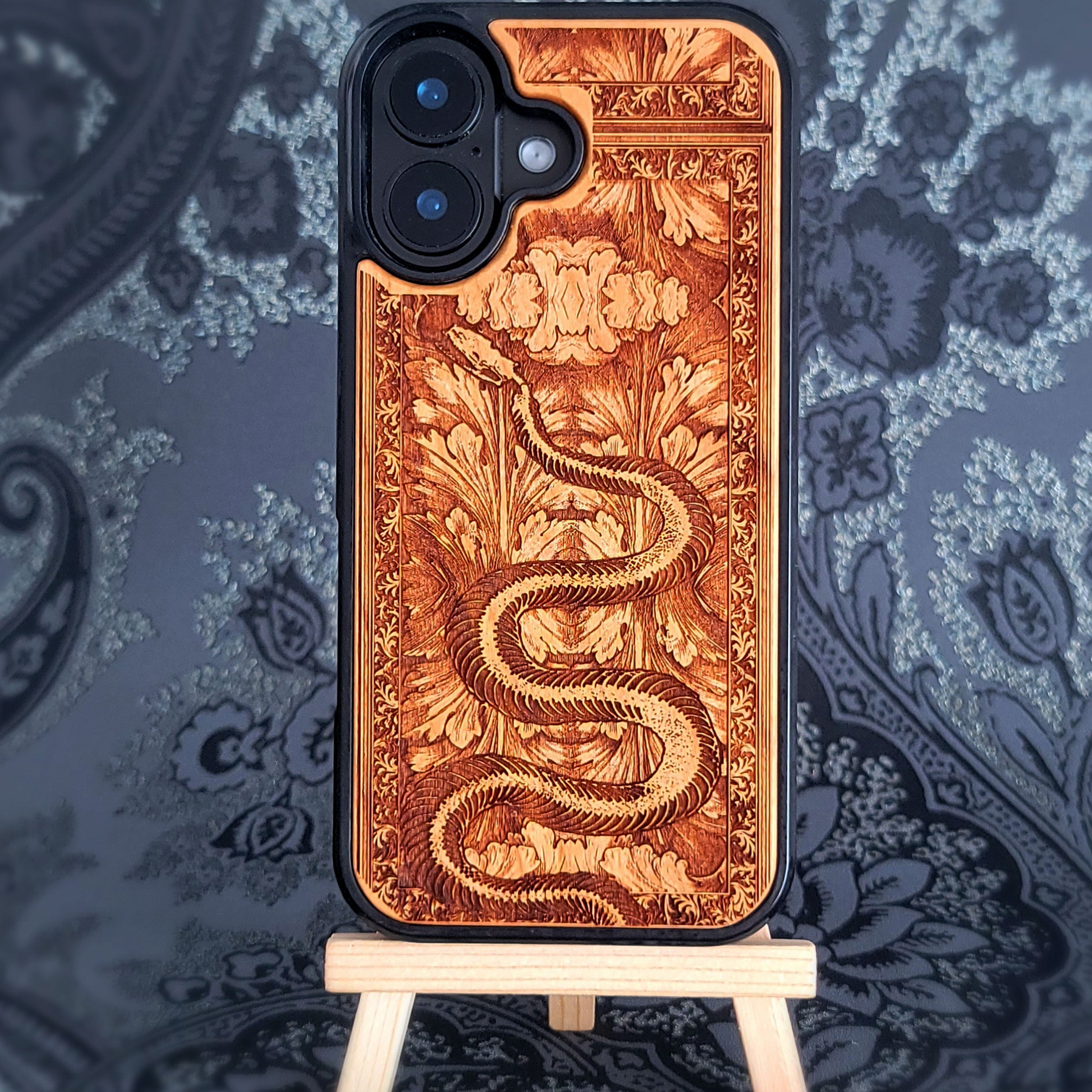 Snake Skeleton Wood Phone Case: Gothic iPhone & Galaxy Laser Engraved