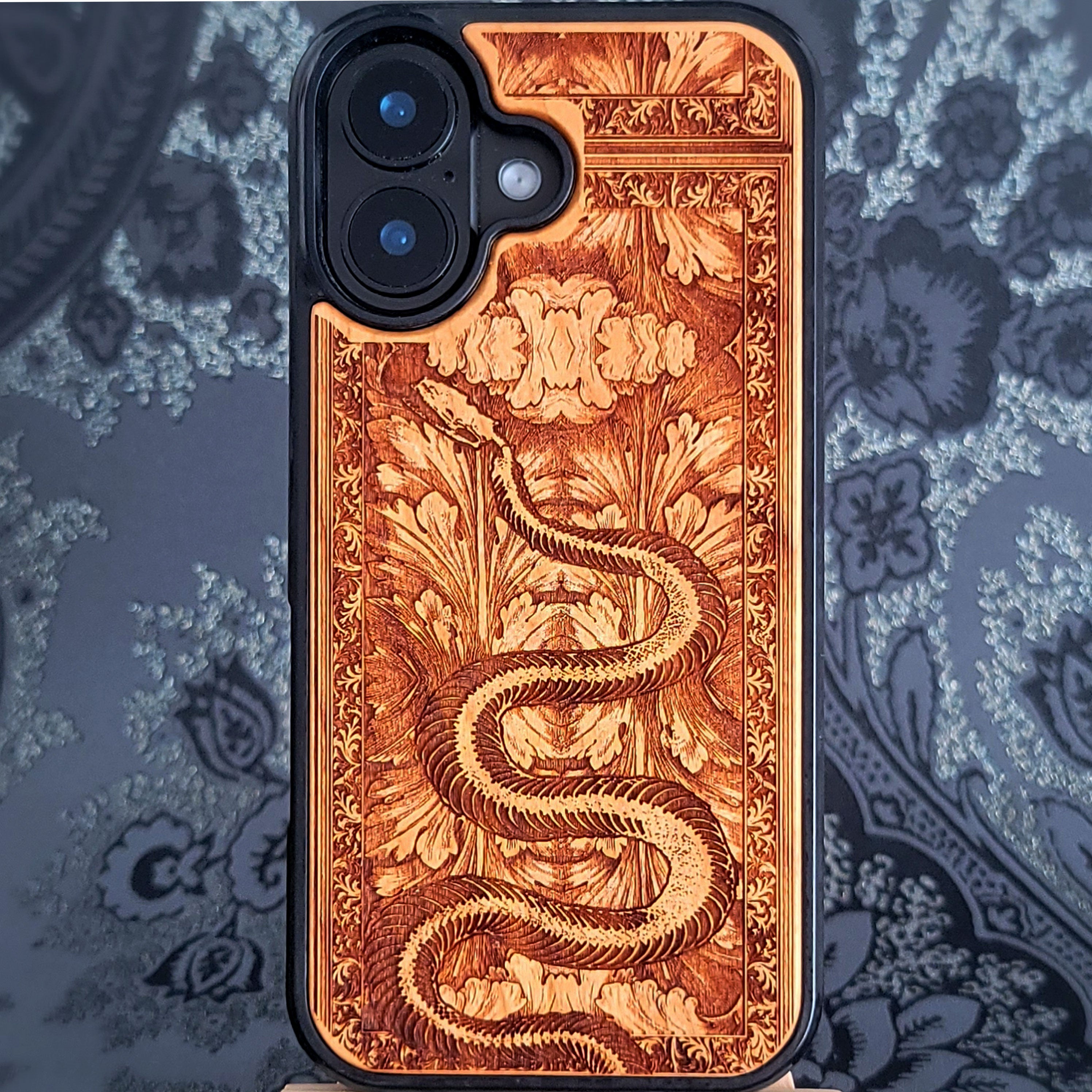 Snake Skeleton Wood Phone Case: Gothic iPhone & Galaxy Laser Engraved