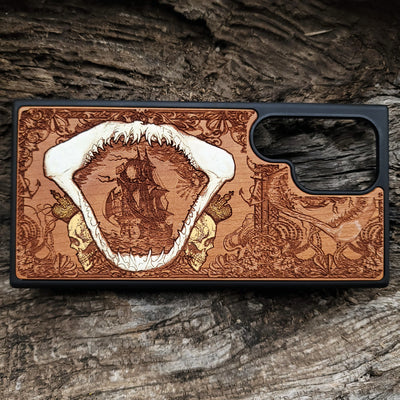 Cherry wood phone case with laser-engraved shark design for iPhone  & Samsung Galaxy S