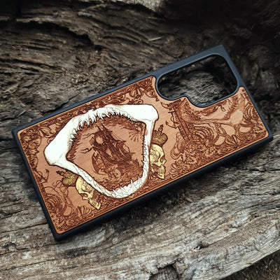 Hand-finished shark design on cherry wood phone case, compatible with iPhone & Samsung Galaxy models