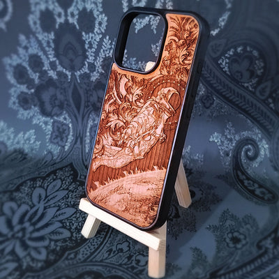 astronaut wood phone case compatible with iPhone and Samsung Galaxy, featuring cosmic space art design.