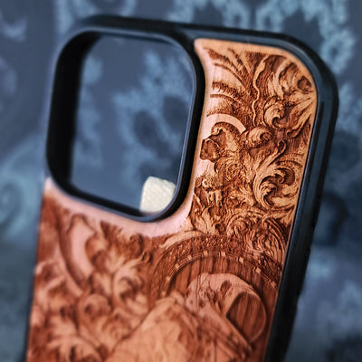 astronaut wood phone case compatible with iPhone and Samsung Galaxy, featuring cosmic space art design.