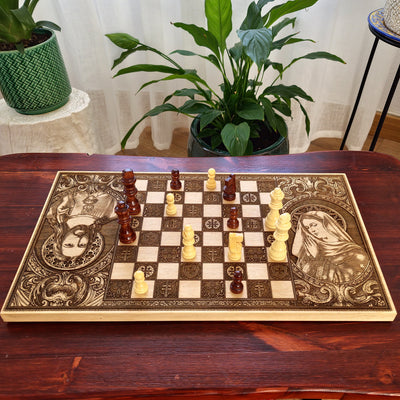  Jesus Christ and Virgin Mary wooden chessboard, laser engraved
