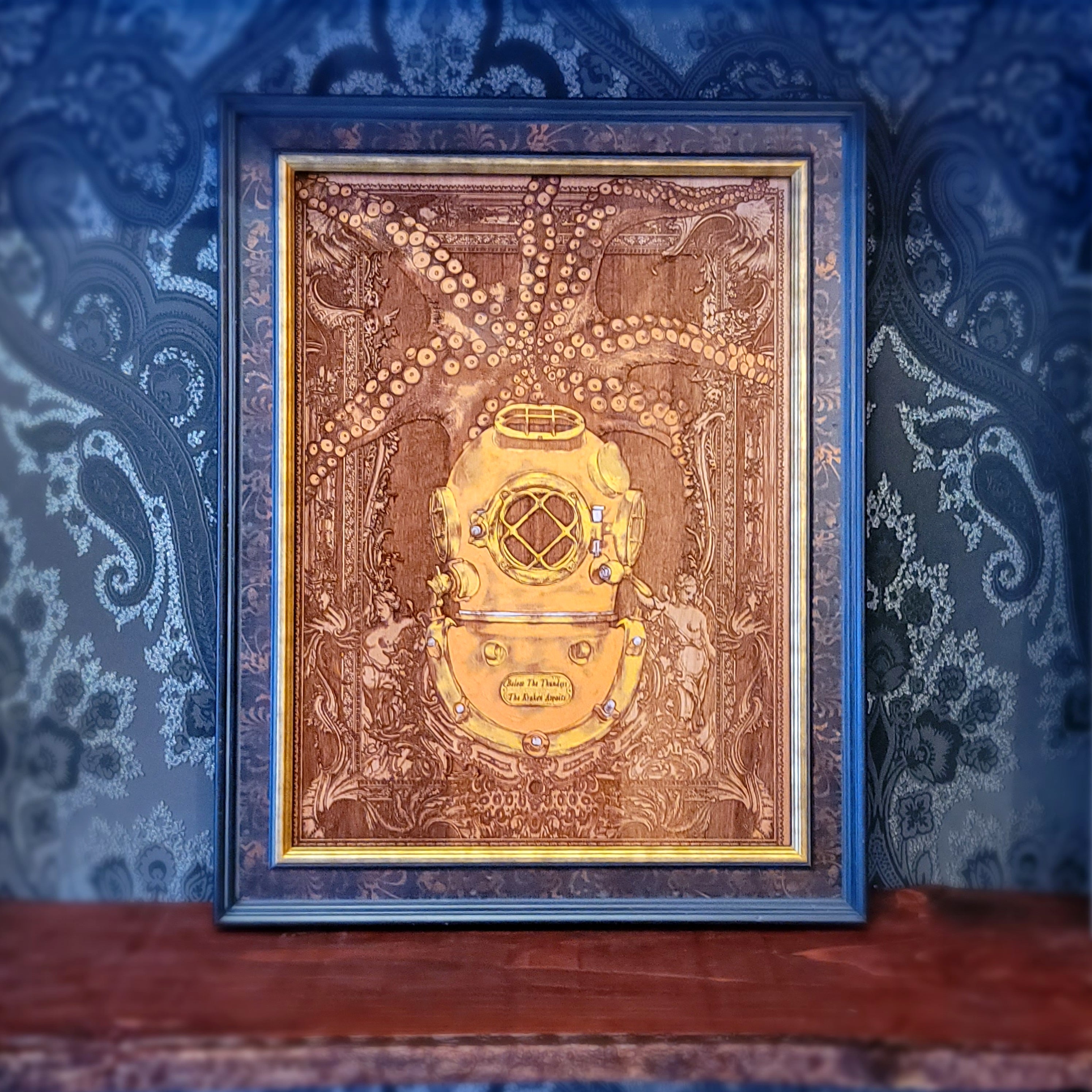 framed kraken deep sea diver hand painted and laser engraved on wood