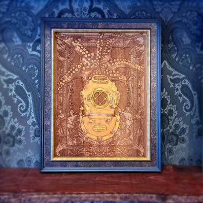 framed kraken deep sea diver hand painted and laser engraved on wood