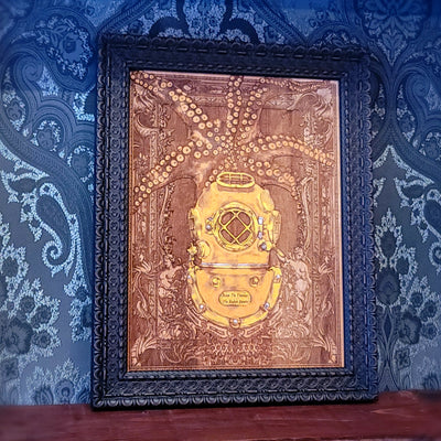 framed kraken deep sea diver hand painted and laser engraved on wood