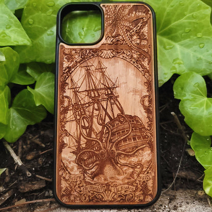 Wood phone case engraved with Kraken sea monster eating a ship, fits iPhone 16–11 and Samsung Galaxy S25–S20