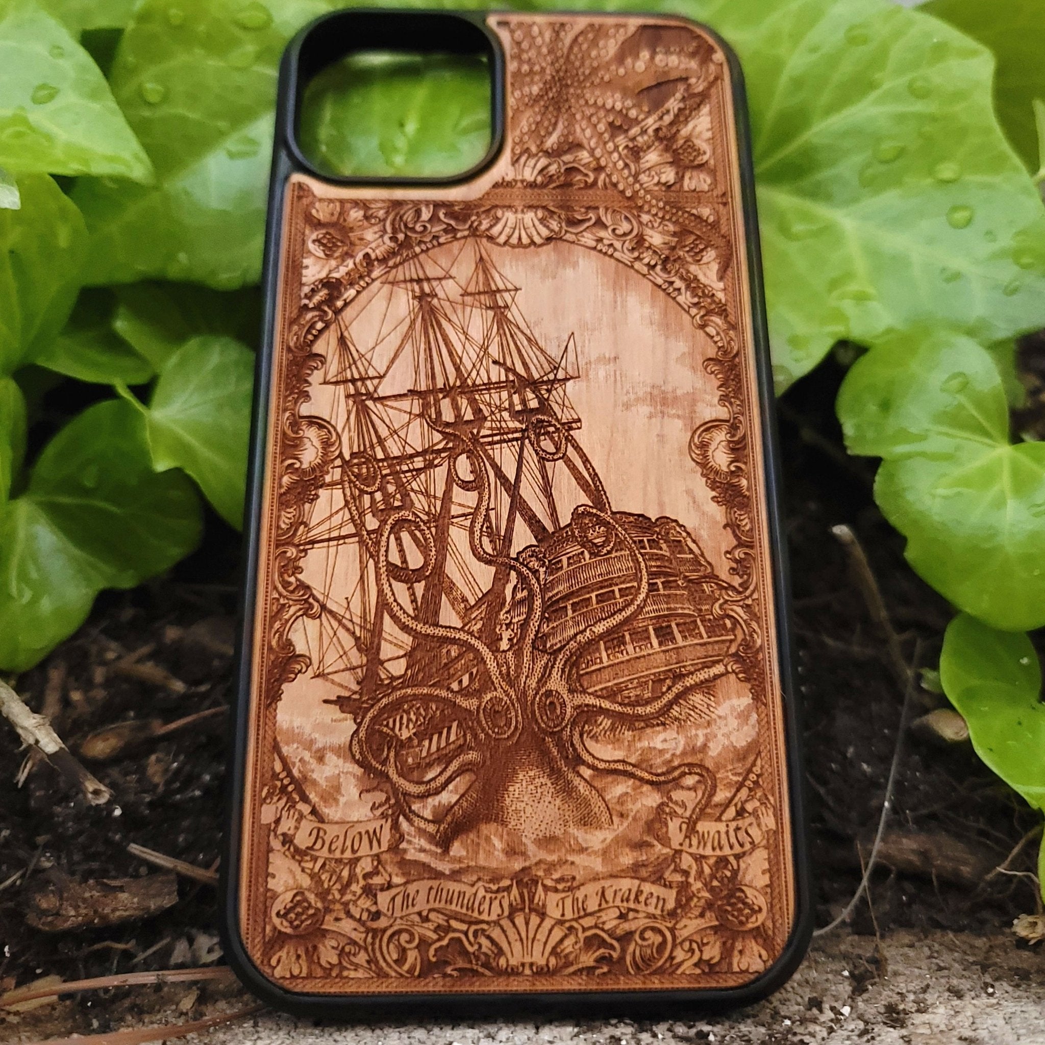 Wood phone case engraved with Kraken sea monster eating a ship, fits iPhone –11 and Samsung Galaxy S–S20