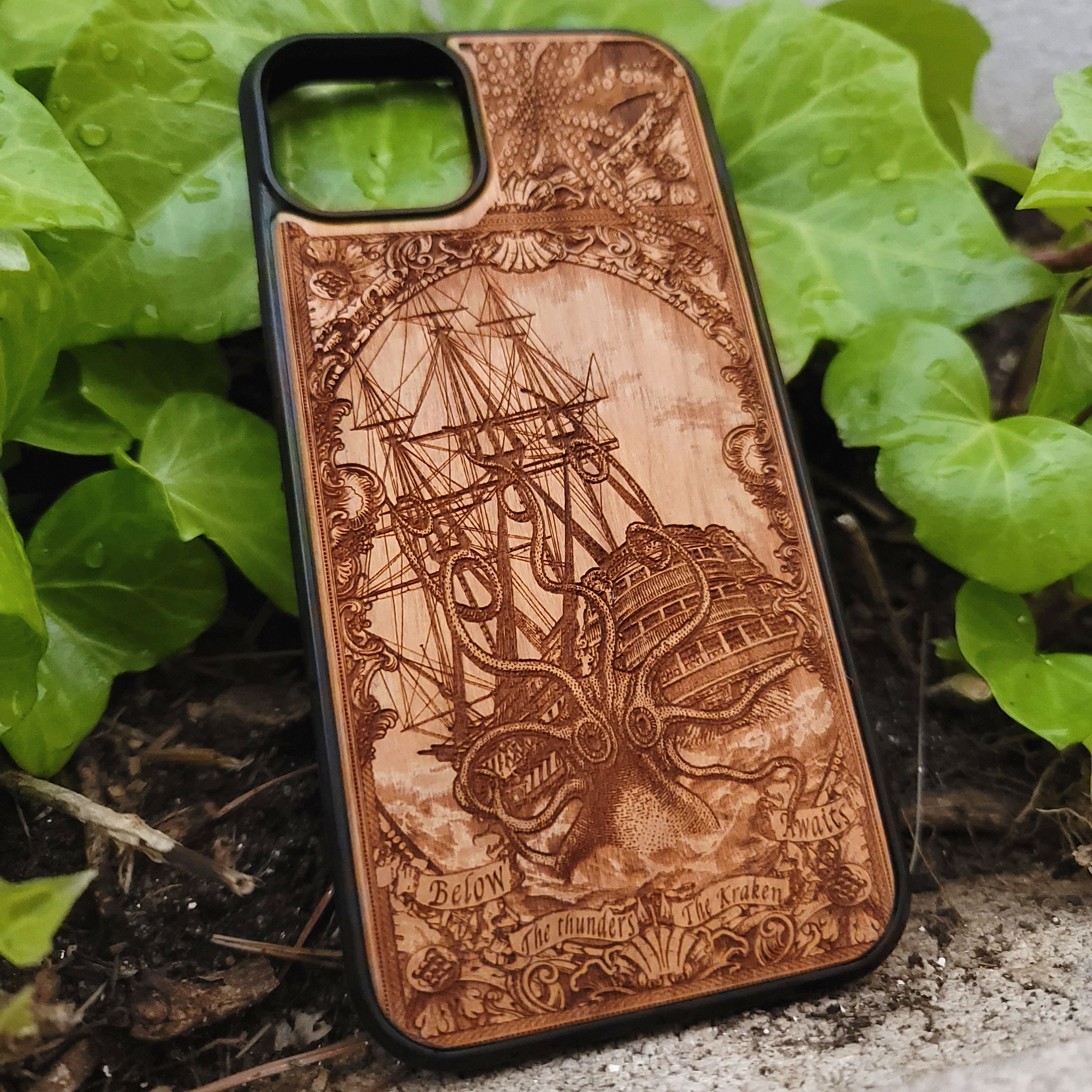 Wood phone case engraved with Kraken sea monster eating a ship, fits iPhone 16–11 and Samsung Galaxy S25–S20