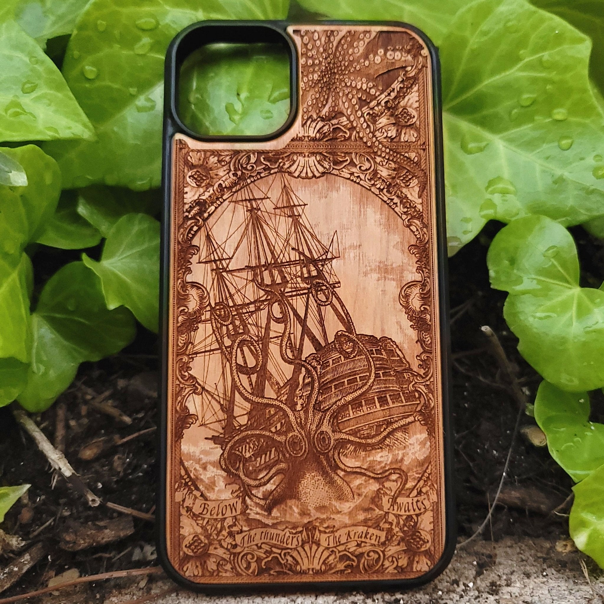 Wood phone case engraved with Kraken sea monster eating a ship, fits iPhone –11 and Samsung Galaxy S–S20