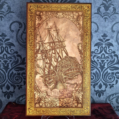 Engraved woodcut wall art of Kraken sea monster attacking sailing boat, nautical maritime décor