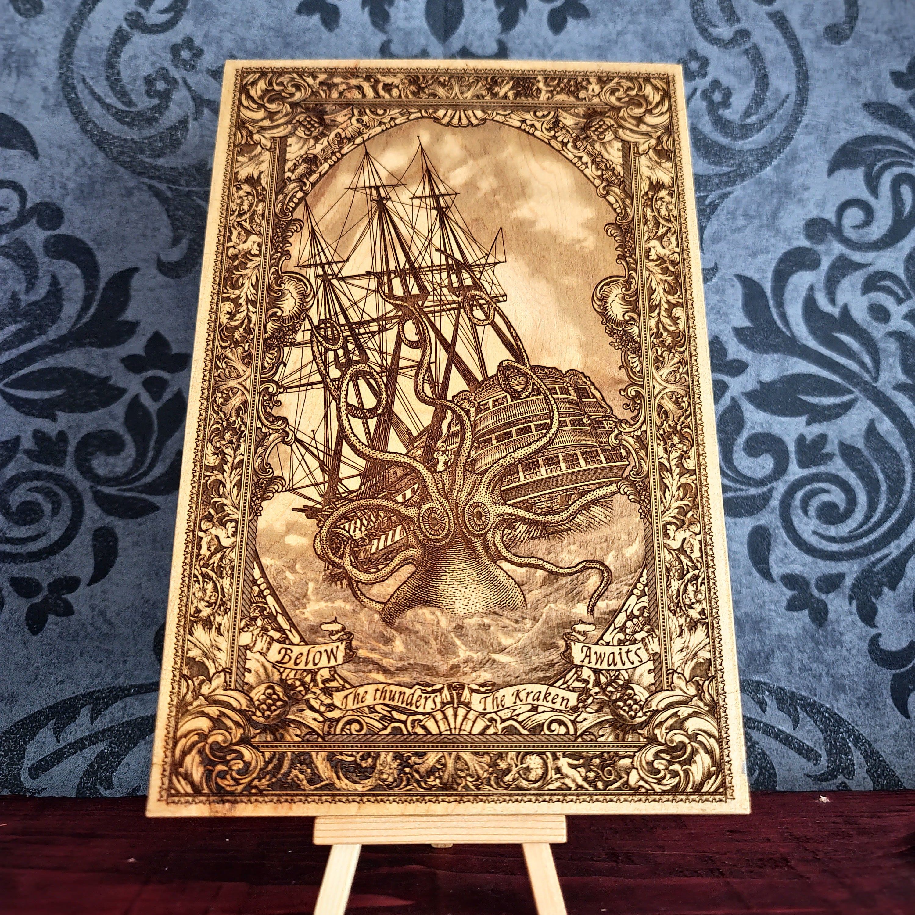 Mythical Kraken-inspired wood wall art featuring an intricately engraved sea monster ship attack. Perfect for lovers of nautical folklore, pirates, and dramatic ocean legends.