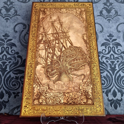 Engraved woodcut wall art of Kraken sea monster attacking sailing boat, nautical maritime décor