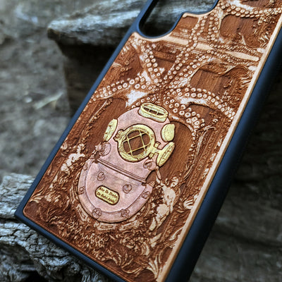 Kraken-inspired gothic artwork engraved on a wooden phone case, compatible with iPhone  and Samsung Galaxy