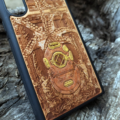 Kraken-inspired gothic artwork engraved on a wooden phone case, compatible with iPhone  and Samsung Galaxy