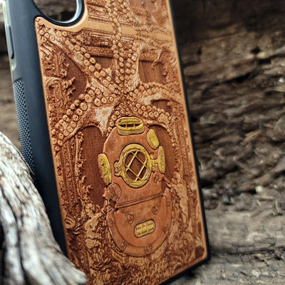 Kraken-inspired gothic artwork engraved on a wooden phone case, compatible with iPhone  and Samsung Galaxy