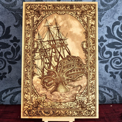 Medium Kraken and sailing ship engraved wood wall art, full front view of the sea monster beneath the tall ship